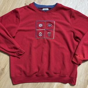 VTG Women's Large Red Sweatshirt Patchwork Aztec Western Dickey Embroidered